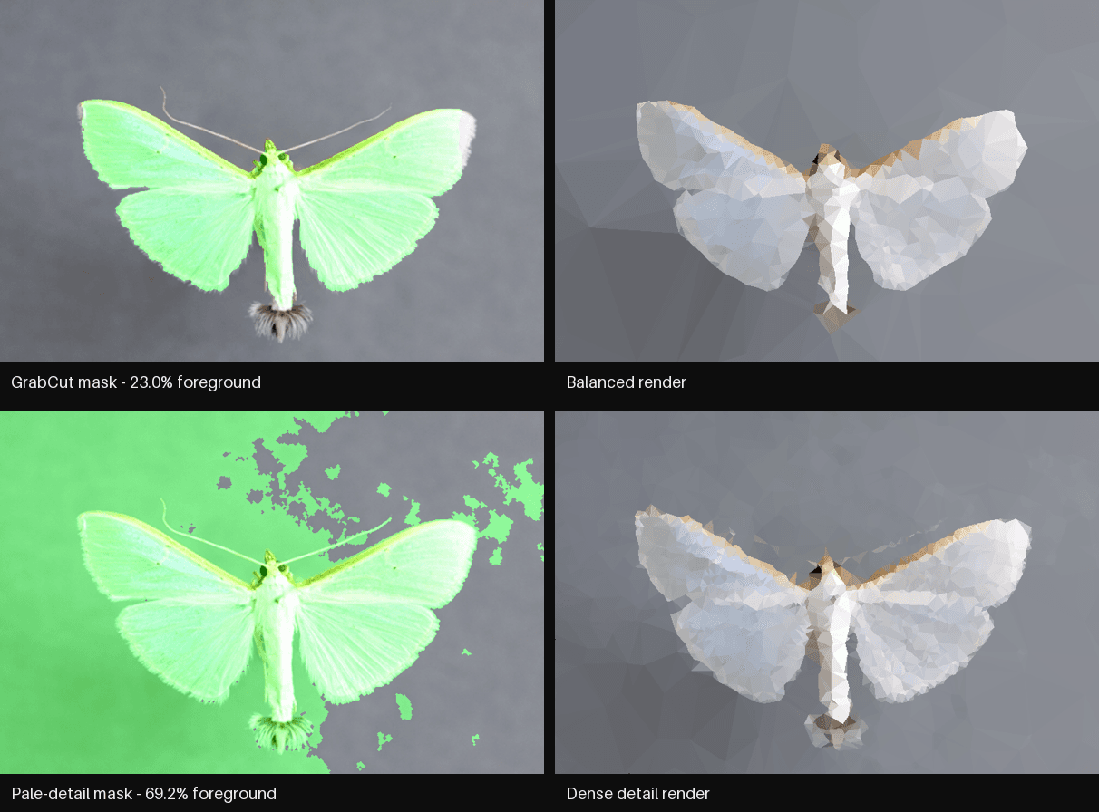 Two masks and two triangle renders of a pale moth, showing a clean subject mask and an expanded mask that includes the background